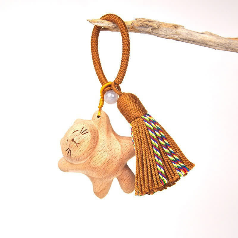 Nimara Ritual Hand-Carved Light Wood Lucky Cat Tassel Grounding Keychains