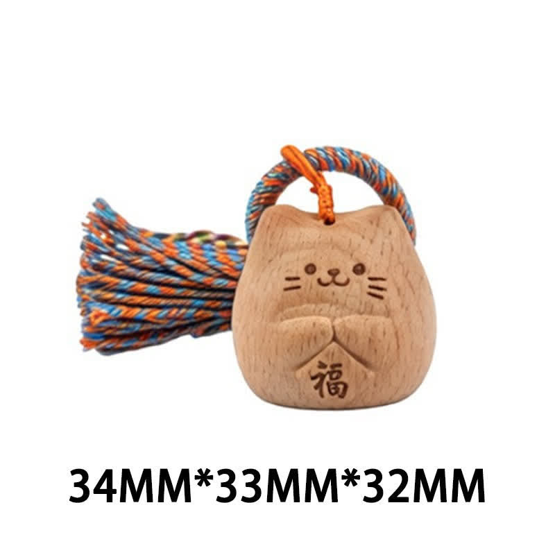 Nimara Ritual Hand-Carved Light Wood Lucky Cat Tassel Grounding Keychains
