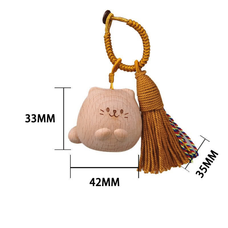 Nimara Ritual Hand-Carved Light Wood Lucky Cat Tassel Grounding Keychains