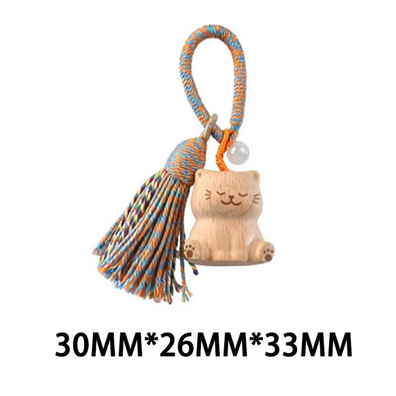 Nimara Ritual Hand-Carved Light Wood Lucky Cat Tassel Grounding Keychains