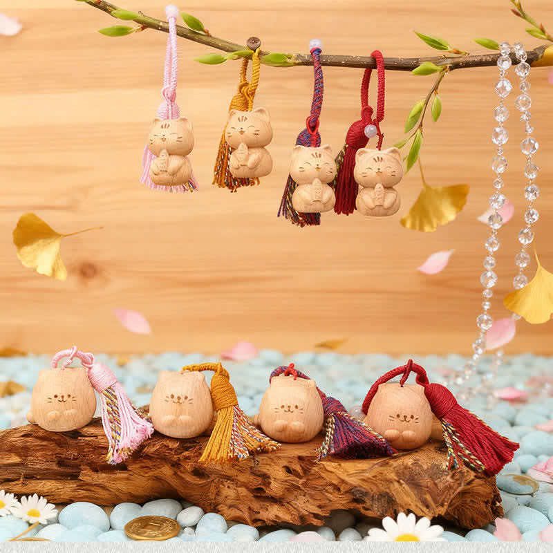Nimara Ritual Hand-Carved Light Wood Lucky Cat Tassel Grounding Keychains