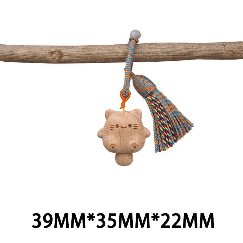 Nimara Ritual Hand-Carved Light Wood Lucky Cat Tassel Grounding Keychains