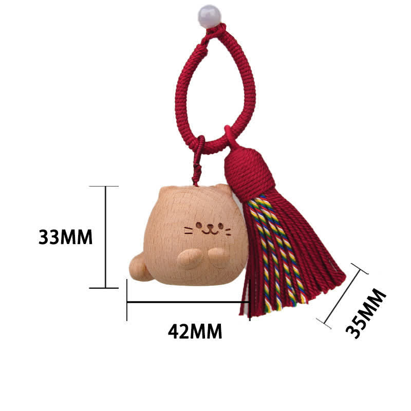 Nimara Ritual Hand-Carved Light Wood Lucky Cat Tassel Grounding Keychains