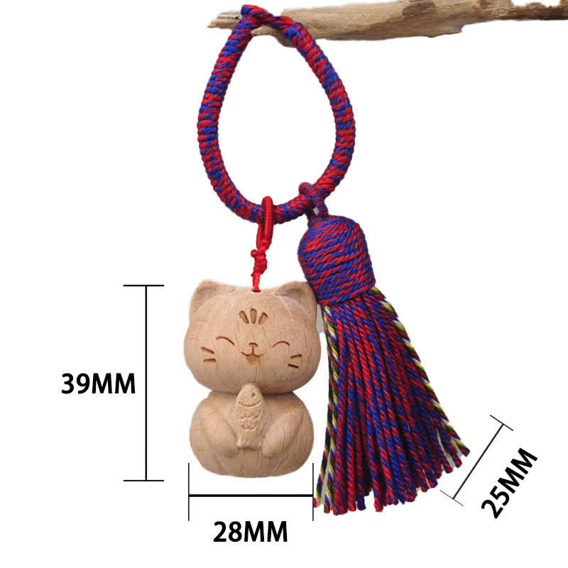 Nimara Ritual Hand-Carved Light Wood Lucky Cat Tassel Grounding Keychains