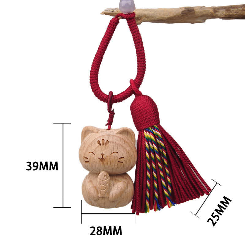Nimara Ritual Hand-Carved Light Wood Lucky Cat Tassel Grounding Keychains