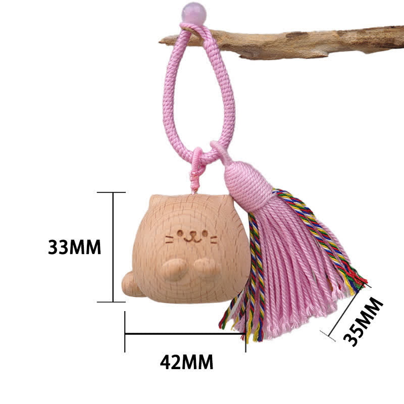 Nimara Ritual Hand-Carved Light Wood Lucky Cat Tassel Grounding Keychains