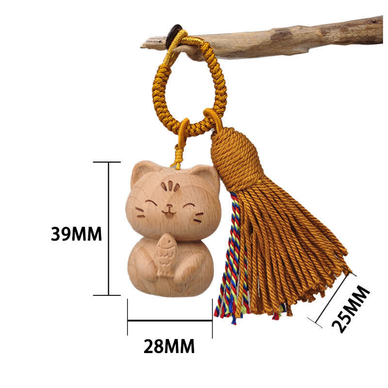 Nimara Ritual Hand-Carved Light Wood Lucky Cat Tassel Grounding Keychains