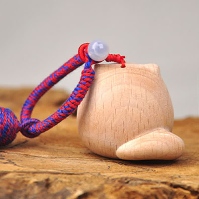Nimara Ritual Hand-Carved Light Wood Lucky Cat Tassel Grounding Keychains