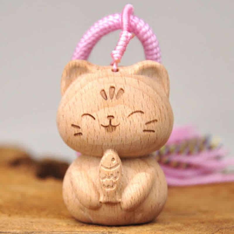 Nimara Ritual Hand-Carved Light Wood Lucky Cat Tassel Grounding Keychains