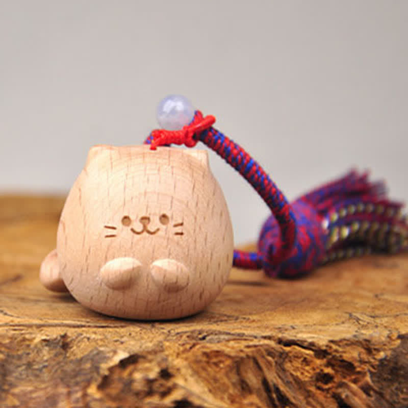 Nimara Ritual Hand-Carved Light Wood Lucky Cat Tassel Grounding Keychains
