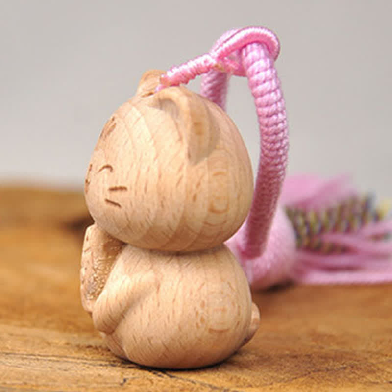 Nimara Ritual Hand-Carved Light Wood Lucky Cat Tassel Grounding Keychains