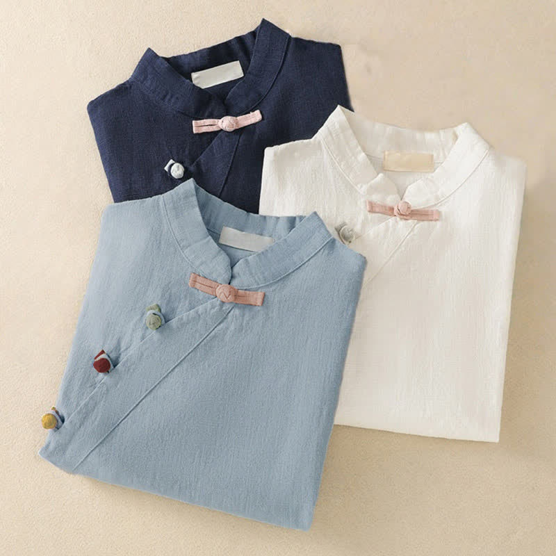 Nimara Ritual Casual Plain Slant Stand Collar Collar Colorful Frog-Button Tang Suit Women's Cotton Linen Three Quarter Sleeve Shirt