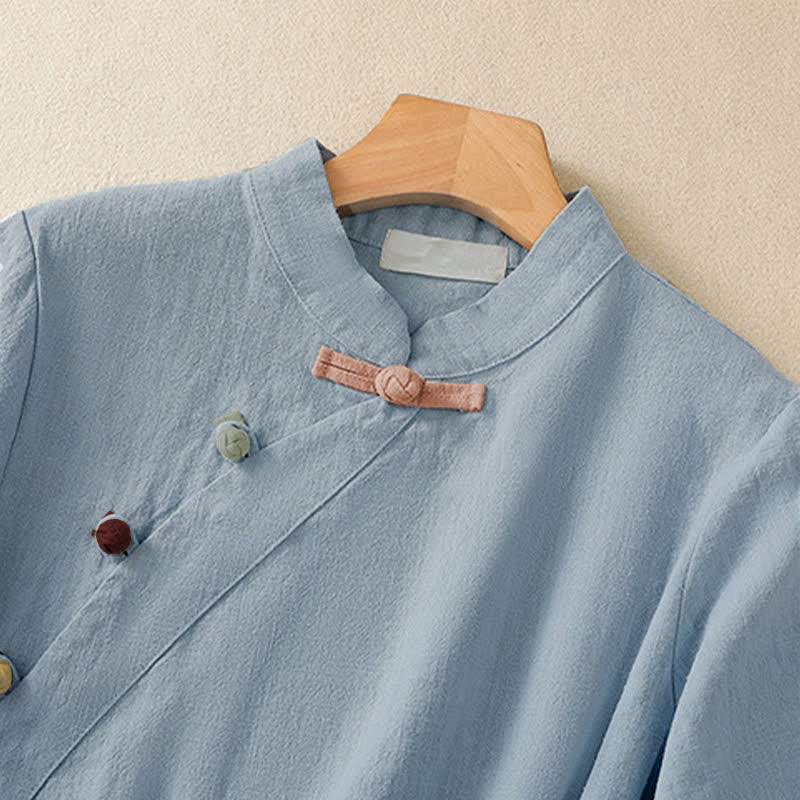 Nimara Ritual Casual Plain Slant Stand Collar Collar Colorful Frog-Button Tang Suit Women's Cotton Linen Three Quarter Sleeve Shirt