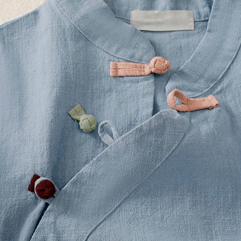 Nimara Ritual Casual Plain Slant Stand Collar Collar Colorful Frog-Button Tang Suit Women's Cotton Linen Three Quarter Sleeve Shirt