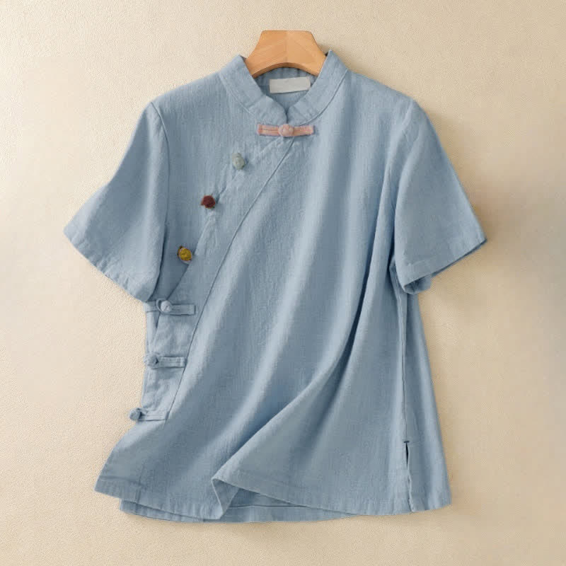 Nimara Ritual Casual Plain Slant Stand Collar Collar Colorful Frog-Button Tang Suit Women's Cotton Linen Three Quarter Sleeve Shirt