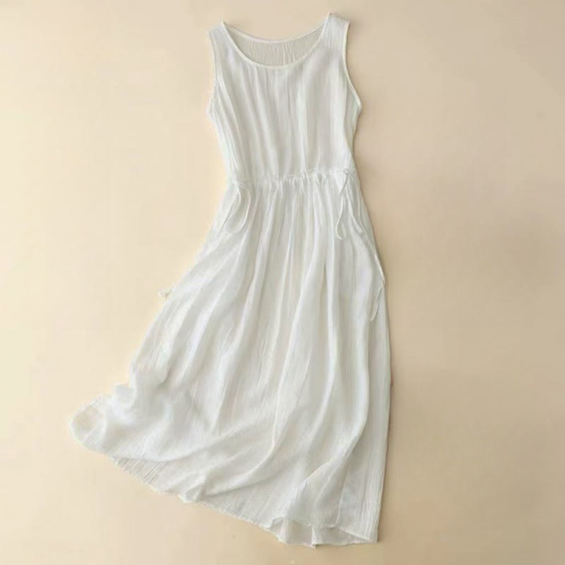 Nimara Ritual Casual Plain Handmade Drawstring Waist Midi Dress Sleeveless Dress With Pockets