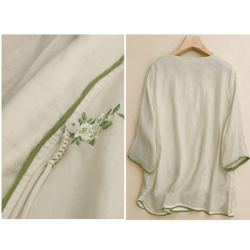 Nimara Ritual Beige Floral Green Leaf Embroidery Crew Neck Three Quarter Sleeve Women's Shirt