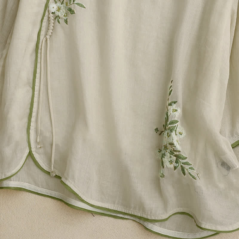 Nimara Ritual Beige Floral Green Leaf Embroidery Crew Neck Three Quarter Sleeve Women's Shirt