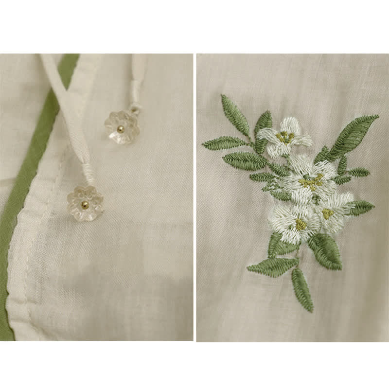 Nimara Ritual Beige Floral Green Leaf Embroidery Crew Neck Three Quarter Sleeve Women's Shirt
