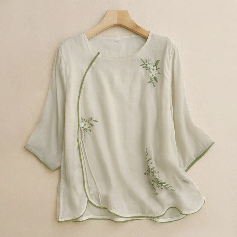 Nimara Ritual Beige Floral Green Leaf Embroidery Crew Neck Three Quarter Sleeve Women's Shirt