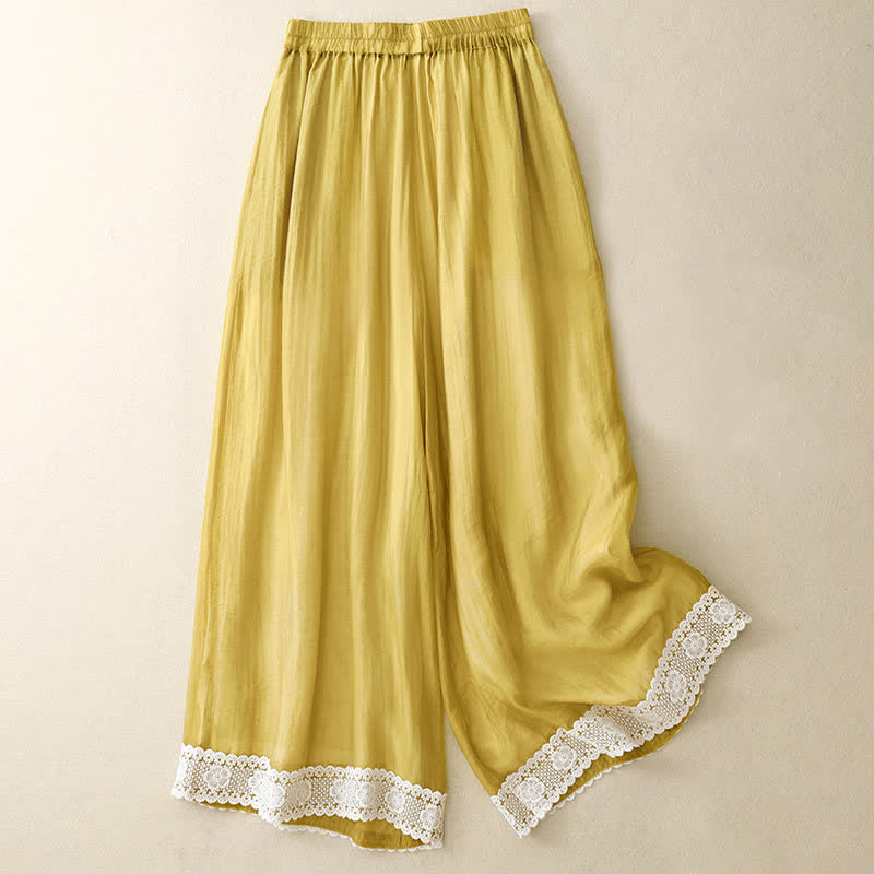 Nimara Ritual Spring Vintage Casual Solid Color Lace Patchwork Cuff Women's Cotton Linen Wide Leg Pants With Pockets