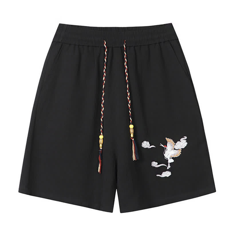 Nimara Ritual Summer Casual Tang Style Embroidery Crane Auspicious Clouds Men's Shorts With Pockets