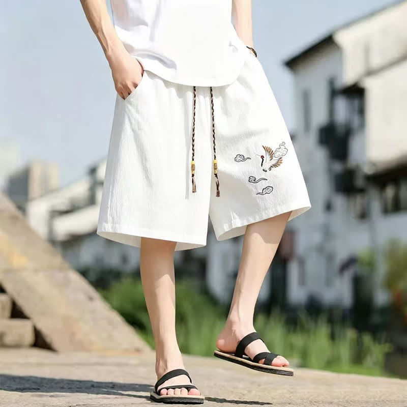 Nimara Ritual Summer Casual Tang Style Embroidery Crane Auspicious Clouds Men's Shorts With Pockets
