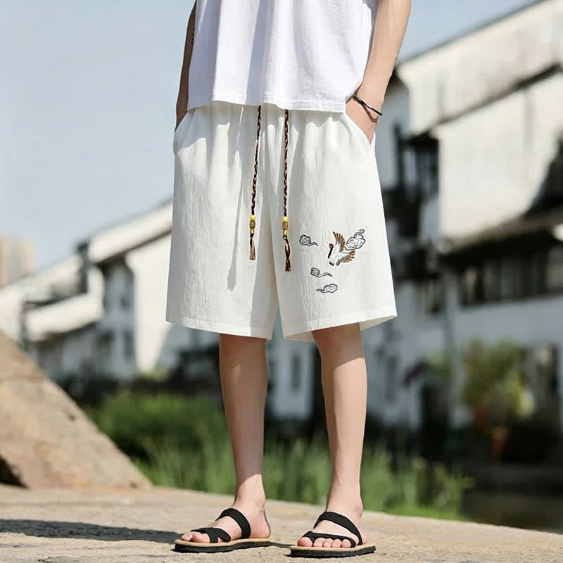 Nimara Ritual Summer Casual Tang Style Embroidery Crane Auspicious Clouds Men's Shorts With Pockets