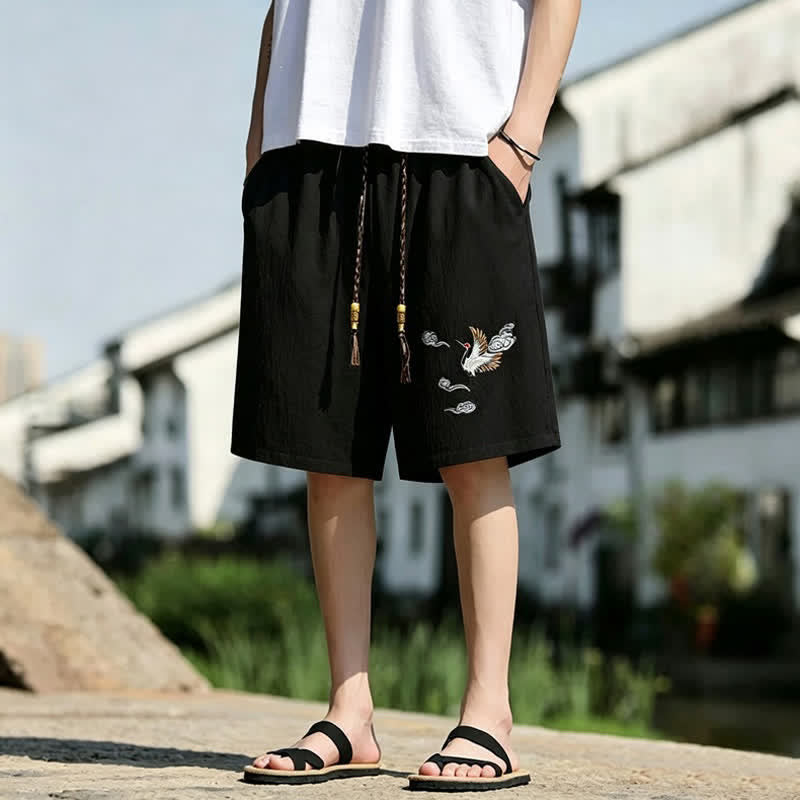 Nimara Ritual Summer Casual Tang Style Embroidery Crane Auspicious Clouds Men's Shorts With Pockets