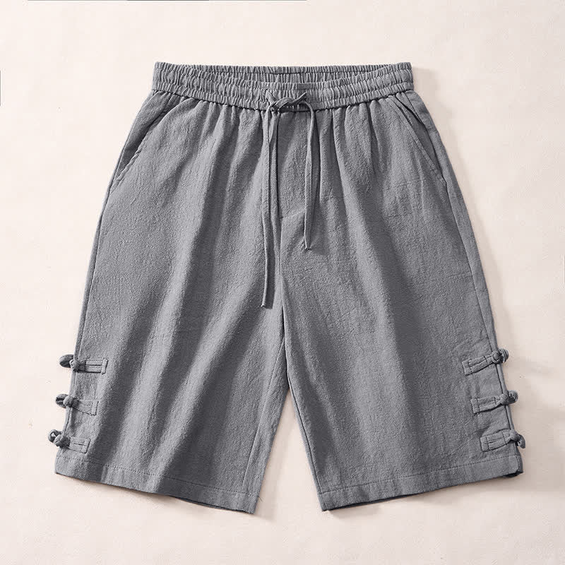 Nimara Ritual Summer Casual Minimalist Drawstring Solid Decorative Side Frog Button Men's Shorts With Pockets