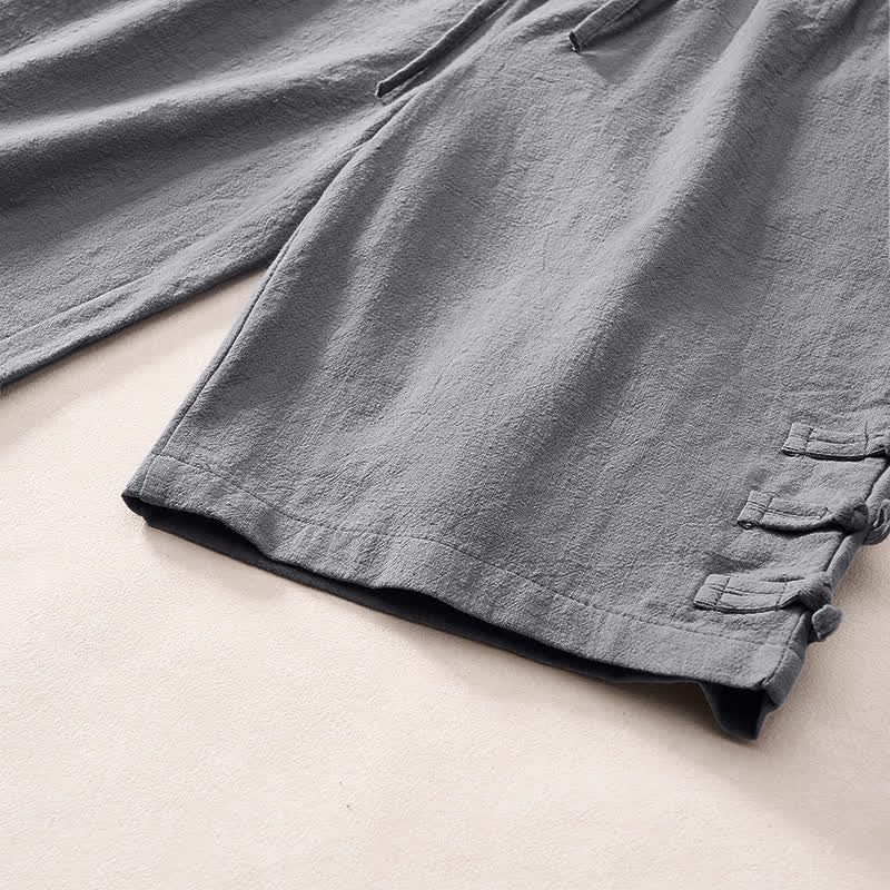 Nimara Ritual Summer Casual Minimalist Drawstring Solid Decorative Side Frog Button Men's Shorts With Pockets
