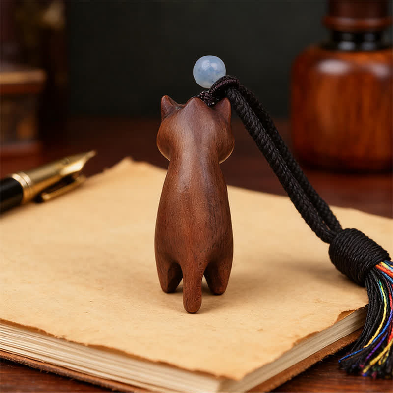Nimara Ritual Hand-Carved Peach Wood Cat Tassel Wealth Keychains