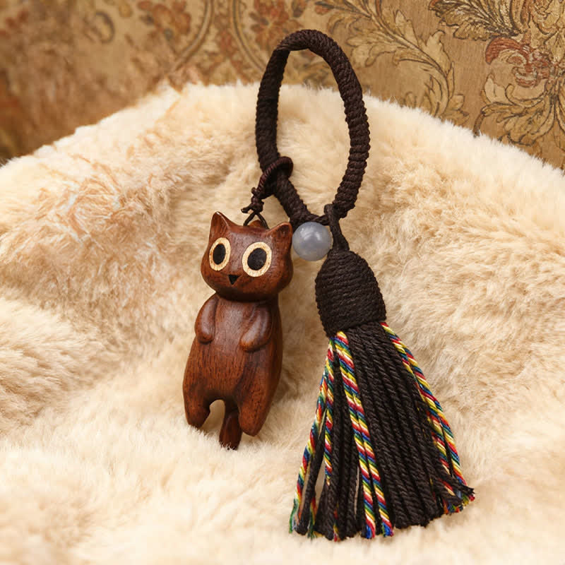 Nimara Ritual Hand-Carved Peach Wood Cat Tassel Wealth Keychains