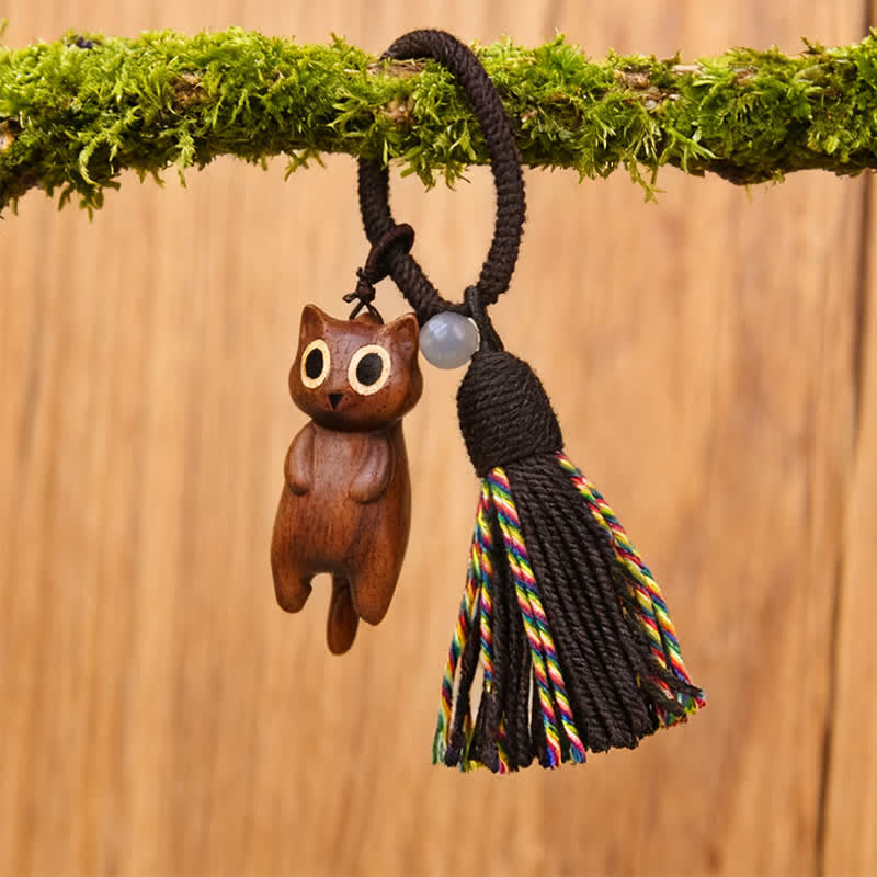 Nimara Ritual Hand-Carved Peach Wood Cat Tassel Wealth Keychains