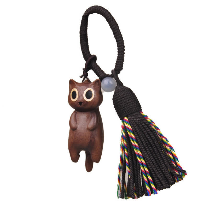 Nimara Ritual Hand-Carved Peach Wood Cat Tassel Wealth Keychains