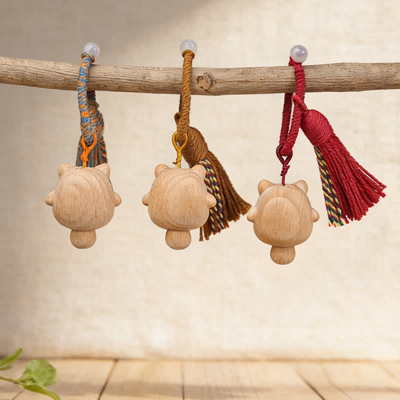 Nimara Ritual Hand-Carved Natural Wood Lucky Cat Tassel Balance Keychains