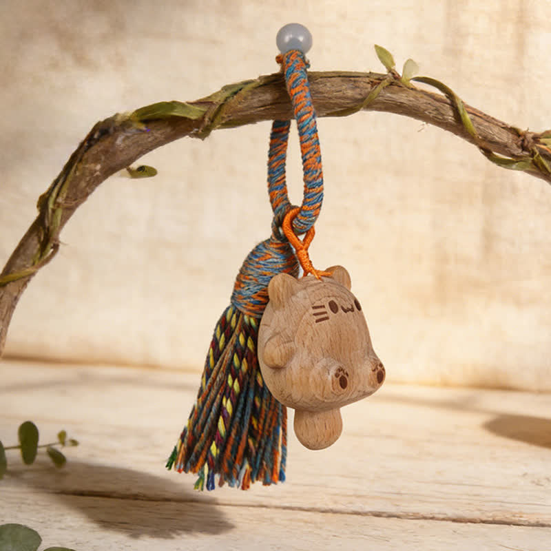 Nimara Ritual Hand-Carved Natural Wood Lucky Cat Tassel Balance Keychains
