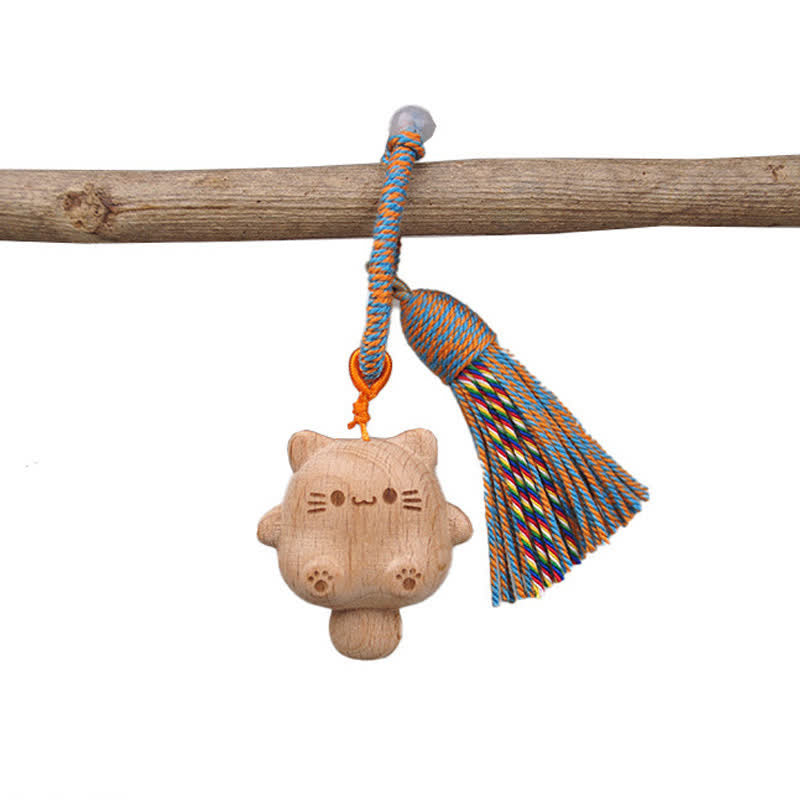 Nimara Ritual Hand-Carved Natural Wood Lucky Cat Tassel Balance Keychains