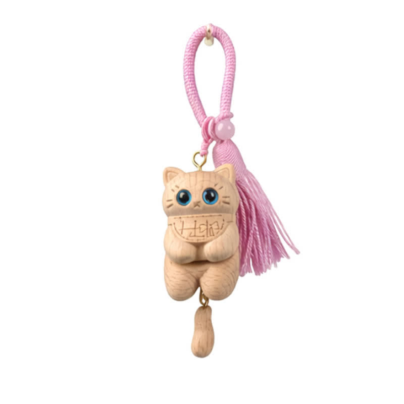 Nimara Ritual Carved Natural Wood Cat Tassel Simplicity Keychains