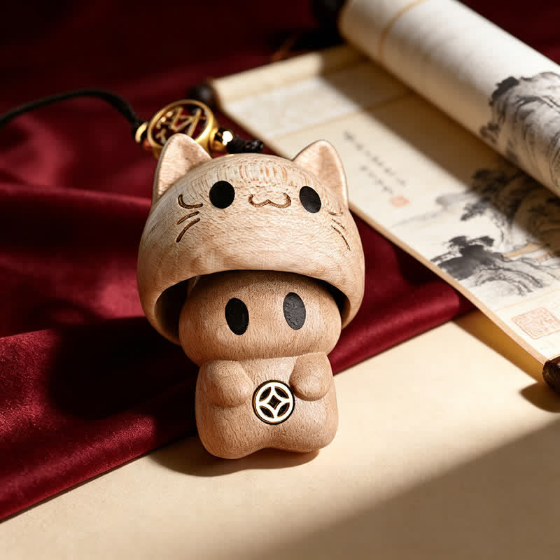 Nimara Ritual Carved Natural Peach Wood Cute Cat Balance Keychains