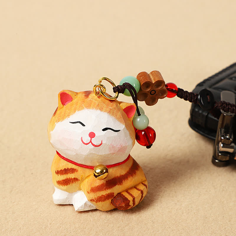 Nimara Ritual Carved Wood Cat Om Mani Padme Hum Focus Keychains