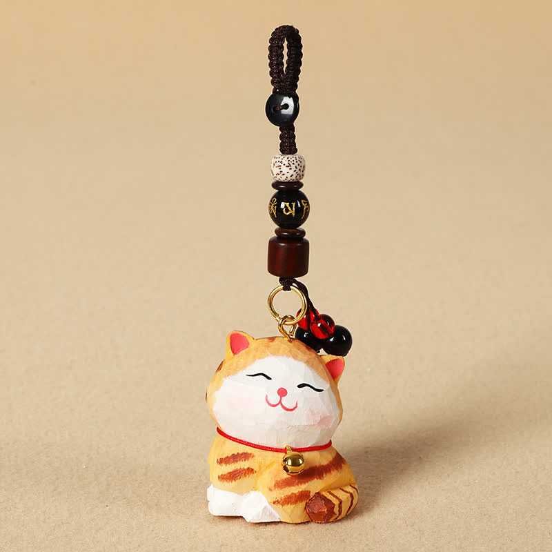 Nimara Ritual Carved Wood Cat Om Mani Padme Hum Focus Keychains