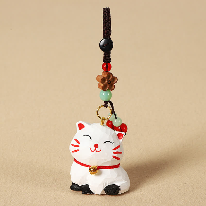 Nimara Ritual Carved Wood Cat Om Mani Padme Hum Focus Keychains