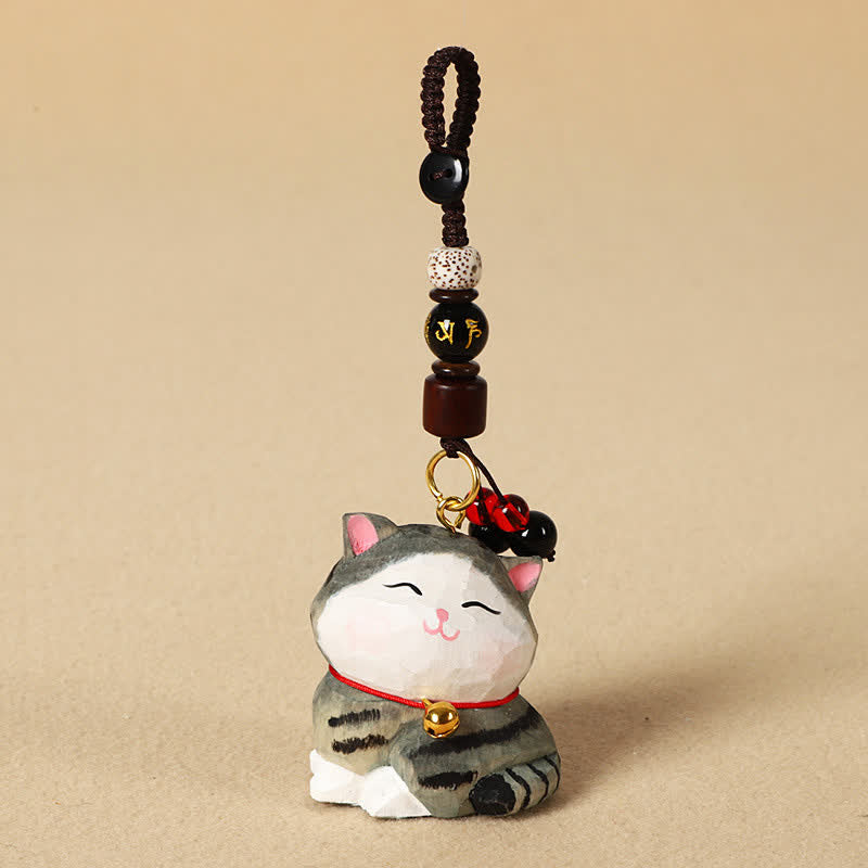 Nimara Ritual Carved Wood Cat Om Mani Padme Hum Focus Keychains