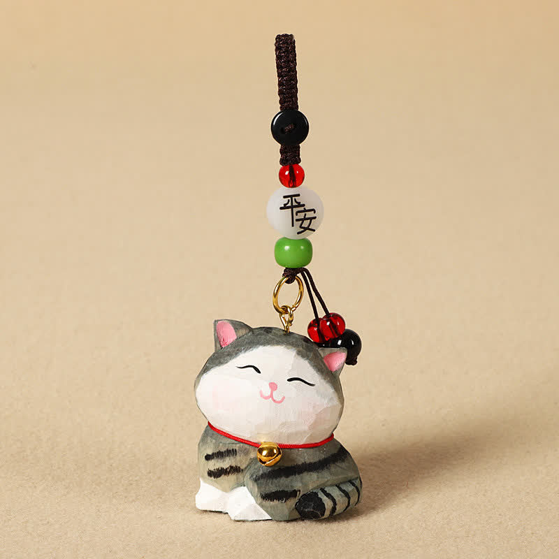 Nimara Ritual Carved Wood Cat Om Mani Padme Hum Focus Keychains