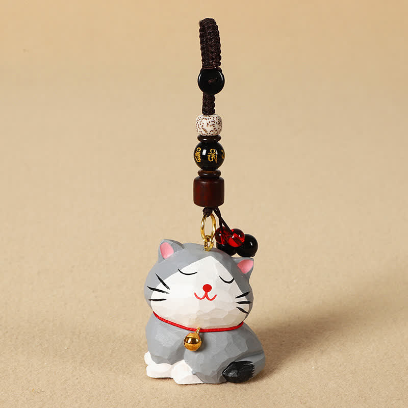 Nimara Ritual Carved Wood Cat Om Mani Padme Hum Focus Keychains