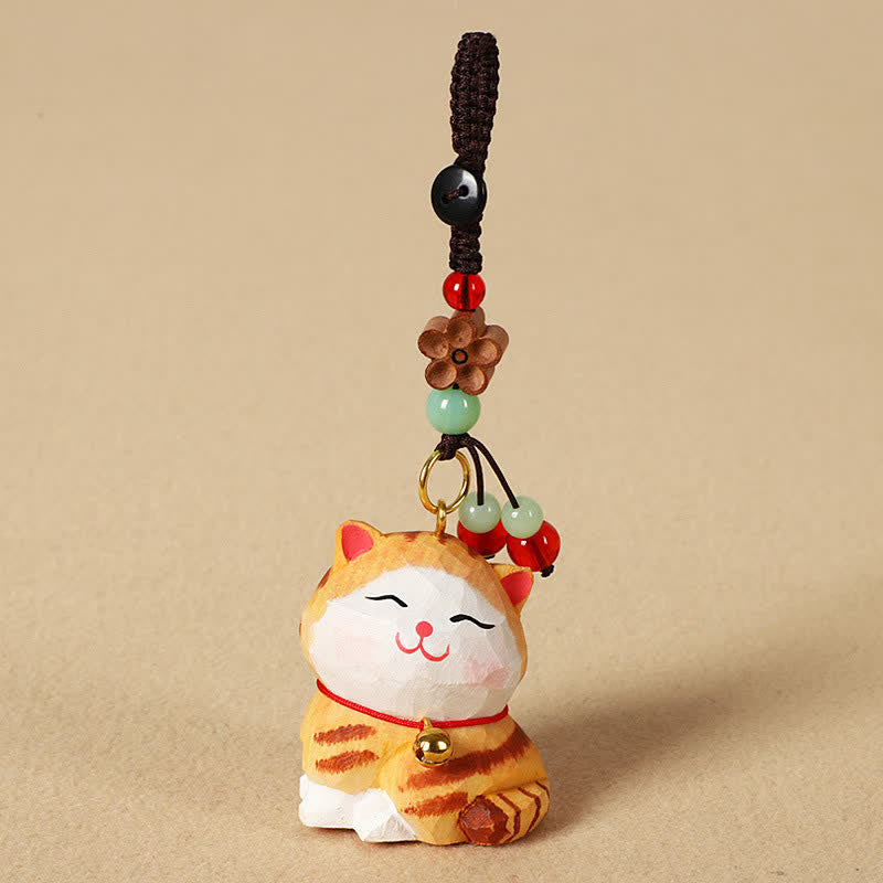 Nimara Ritual Carved Wood Cat Om Mani Padme Hum Focus Keychains