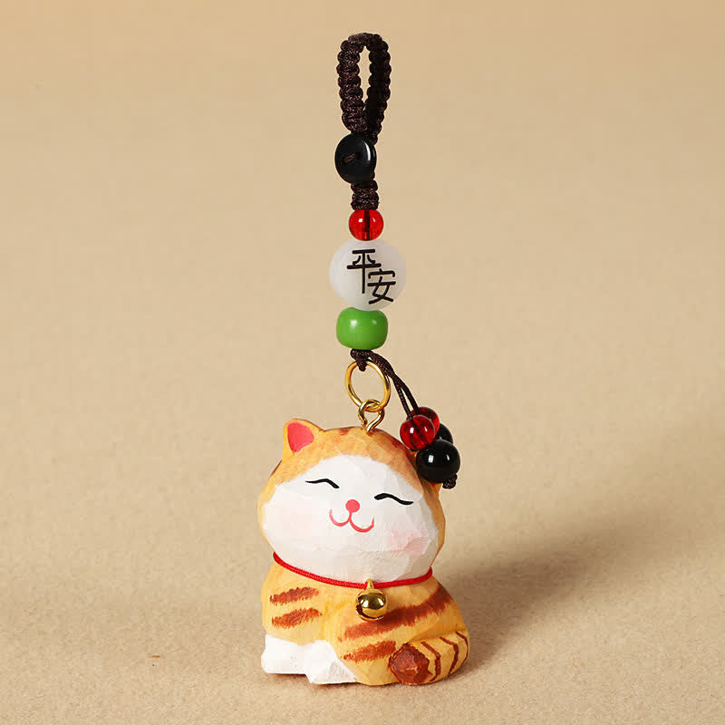 Nimara Ritual Carved Wood Cat Om Mani Padme Hum Focus Keychains