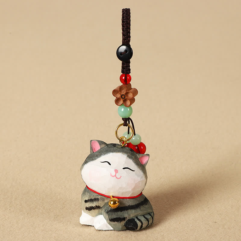 Nimara Ritual Carved Wood Cat Om Mani Padme Hum Focus Keychains