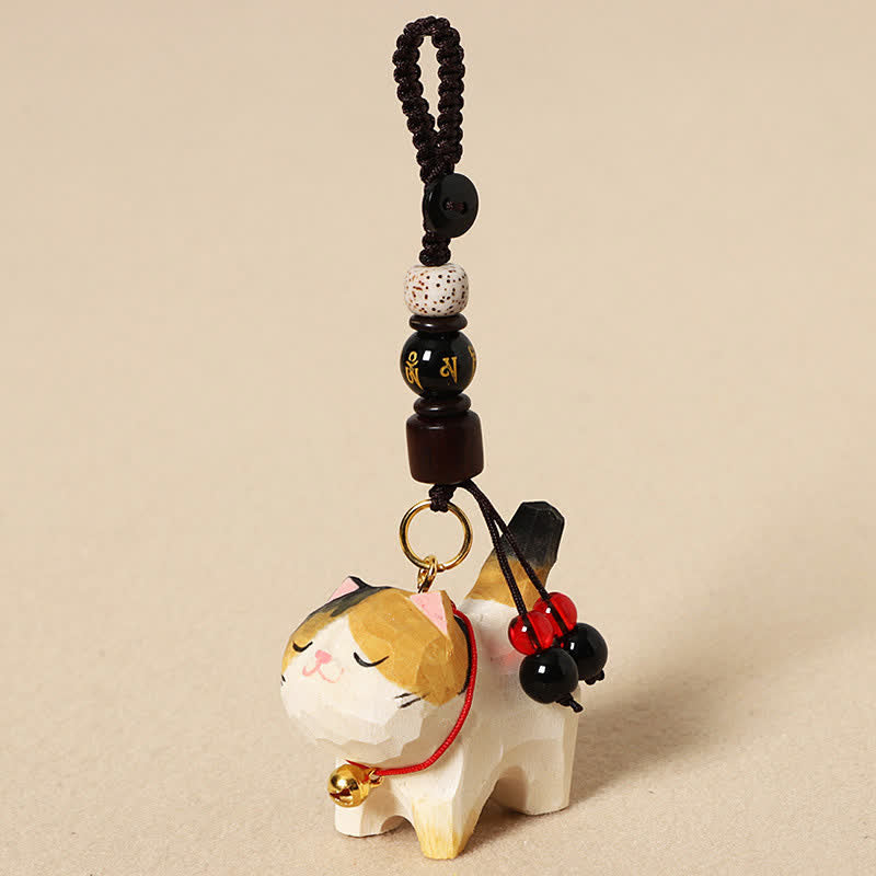 Nimara Ritual Carved Wood Cat Om Mani Padme Hum Peace Keychains